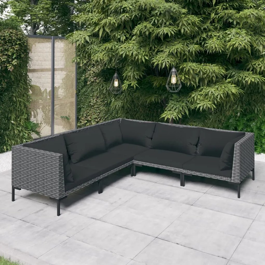 vidaXL 5 pcs conj. lounge jardim c/ almofadões vime PE cinzento-escuro
