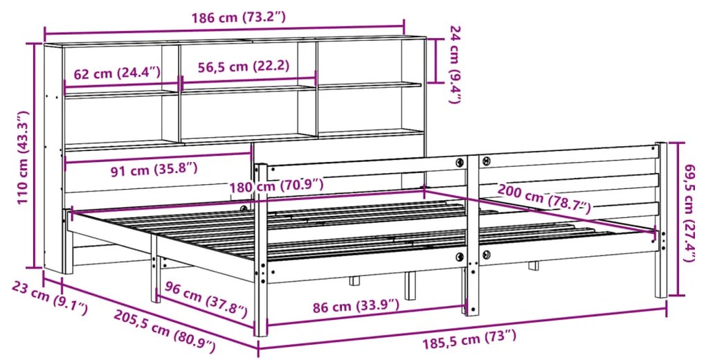 Cama com estante sem colchão 180x200 cm pinho maciço branco