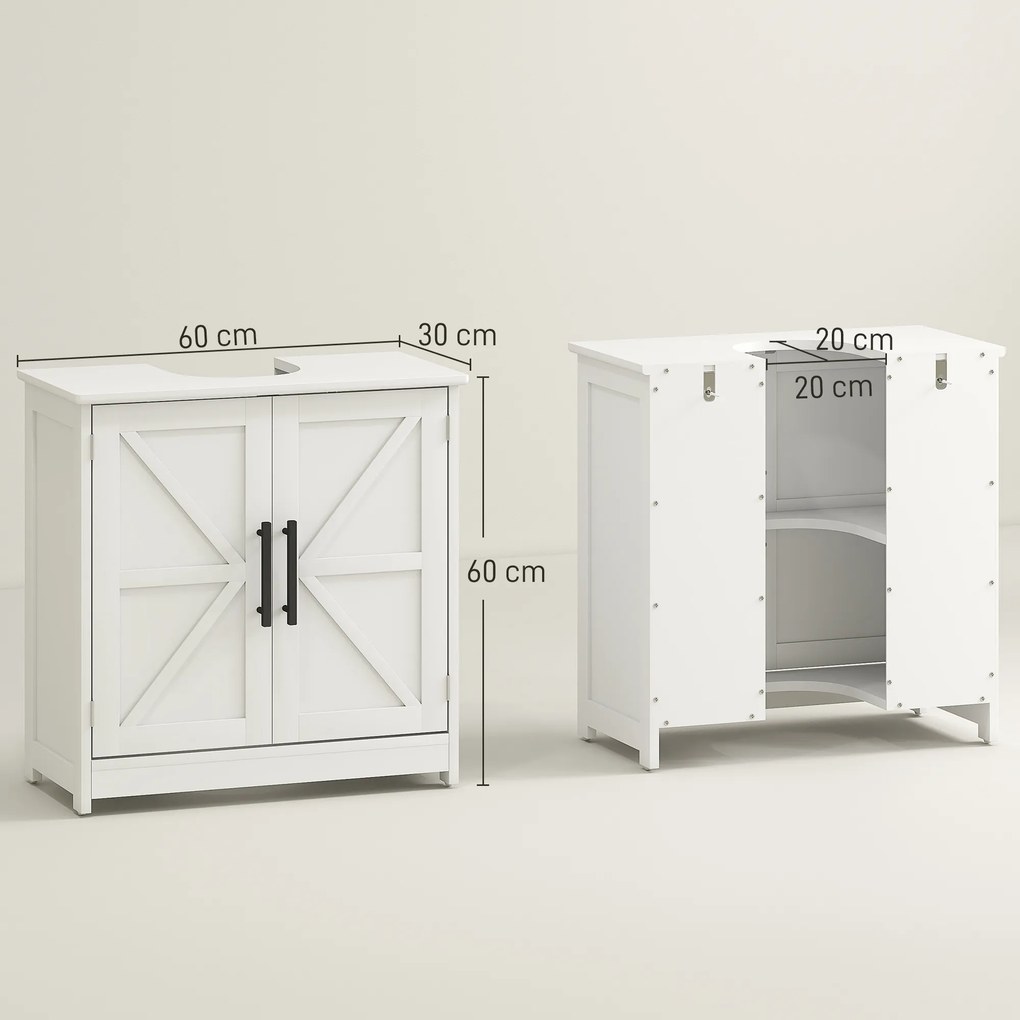 Móvel casa banho para lavatório (NÃO INCLUIDO) 60 x 30 x 60 cm, com 2 portas magnéticas em estilo rústico e prateleiras, branco