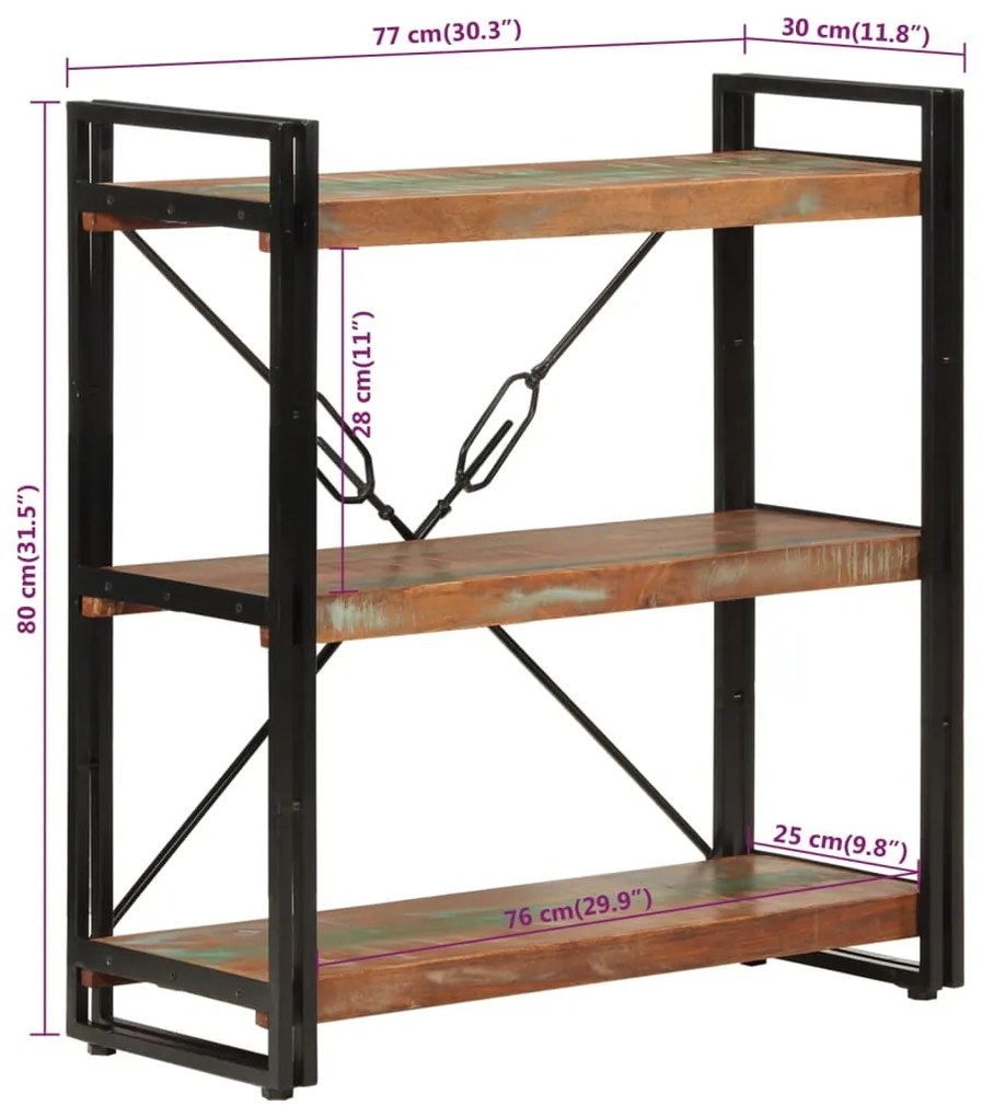 Estante c/ 3 prateleiras 77x30x80cm madeira recup. maciça/ferro