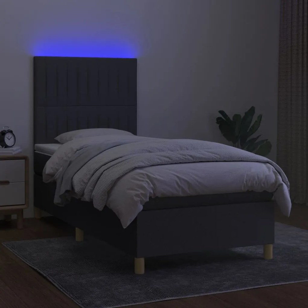 Cama box spring c/ colchão e LED 90x200 cm tecido cinza-escuro