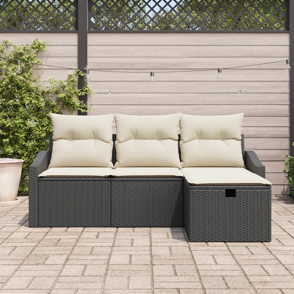 Conjunto de Sofá de Jardim de 4 Peças com Almofadas Preto Rattan Sinté