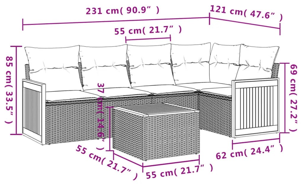 6 pcs conjunto de sofás p/ jardim com almofadões vime PE bege