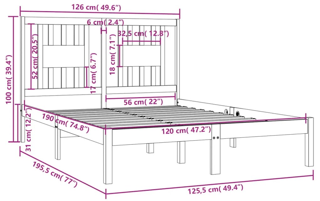 Estrutura de cama pequena casal 120x190 cm pinho maciço