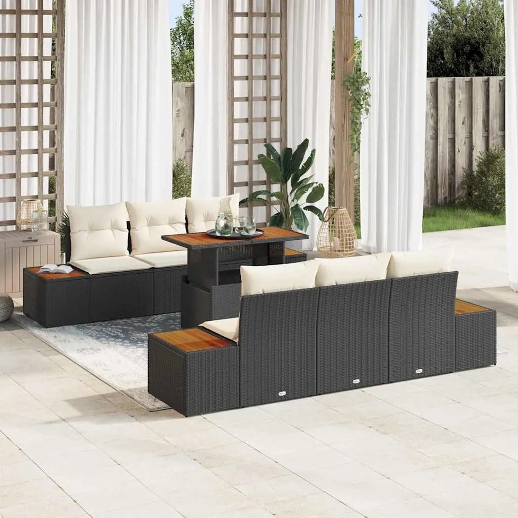 vidaXL Conjunto de Jantar para Jardim de 7 Peças com Almofadas Preto em Rattan Sintético de Acácia