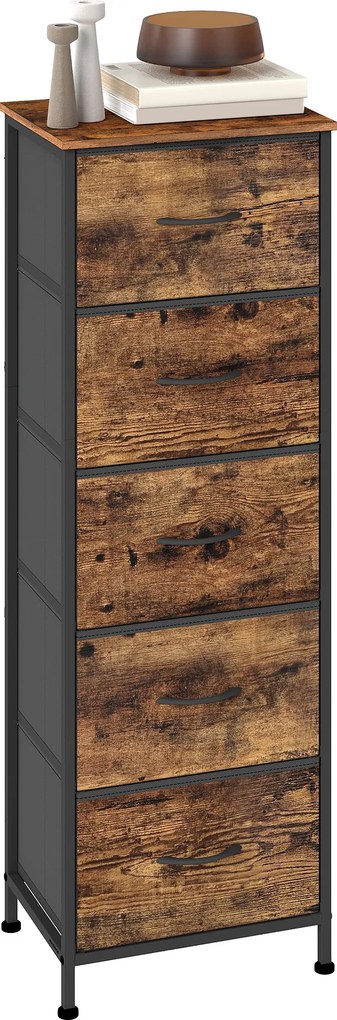 Cómoda com 5 gavetas, estreito em tecido 39,6 x 30 x 117,7 cm castanho vintage-preto