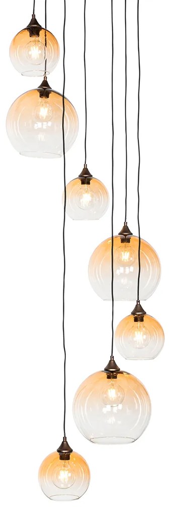 Candeeiro de suspensão Art Déco bronze escuro com vidro âmbar 7 luzes - Sandra Art Deco
