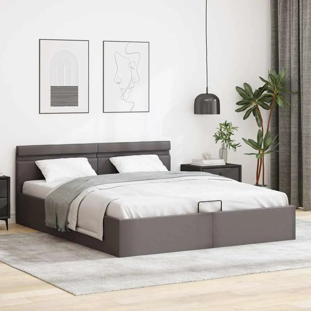 Cama hidráulica c/ arrumação LED 180x200cm couro art. cinzento