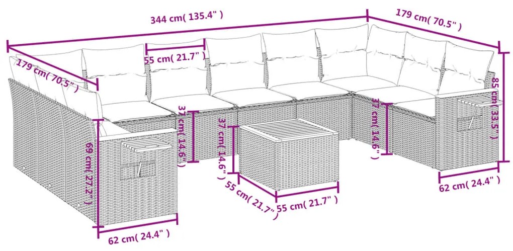 11 pcs conjunto sofás de jardim c/ almofadões vime PE cinzento