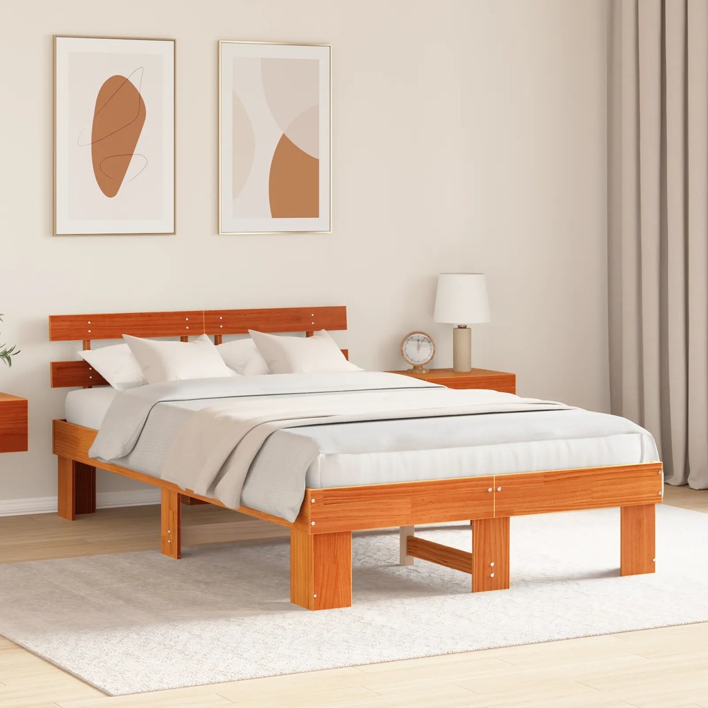 Estrado de Cama com Cabeceira Castanho Encerado 140x190 cm de Madeira