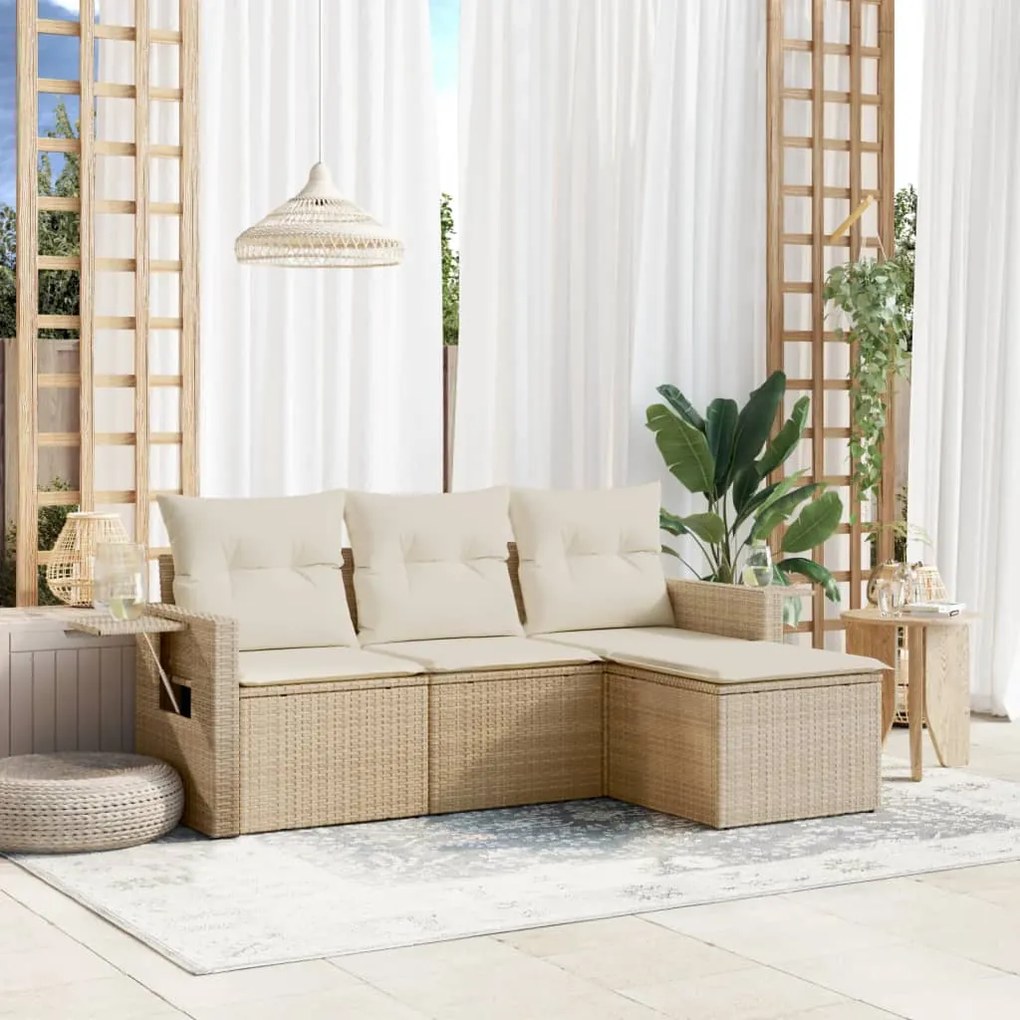 4 pcs conjunto de sofás para jardim c/ almofadões vime PE bege