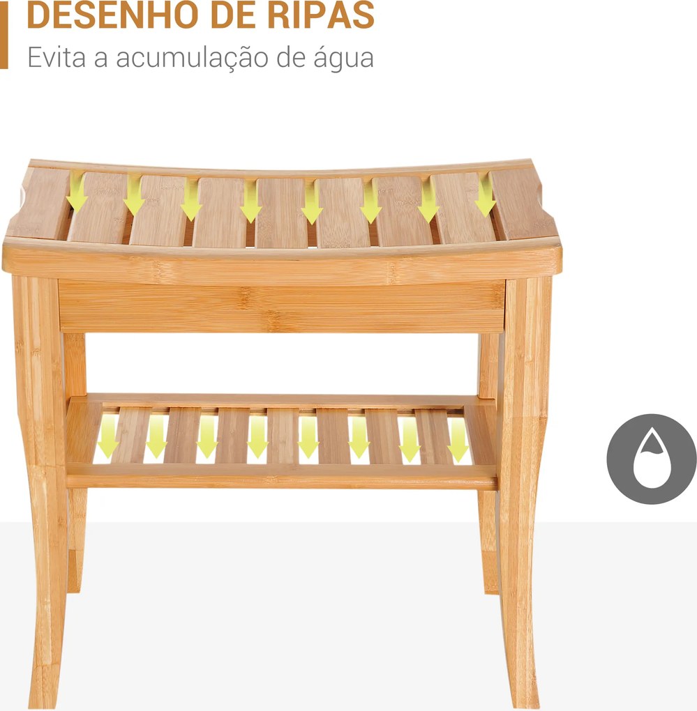 Banco para Casa de Banho de Bambu com Prateleira de Arrumação Antiderrapante Impermeável e Resistente 47,5x26x44,5 cm Madeira