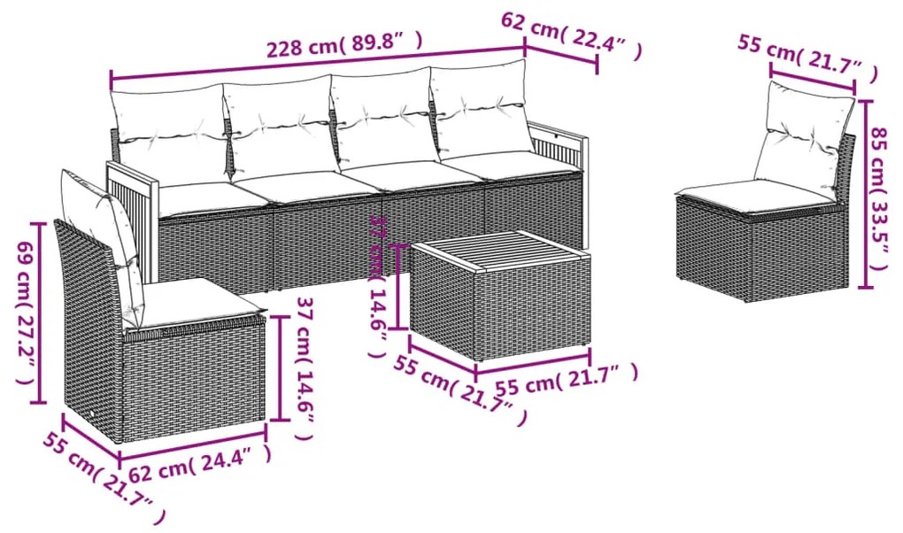 7 pcs conjunto sofás p/ jardim c/ almofadões vime PE cinzento