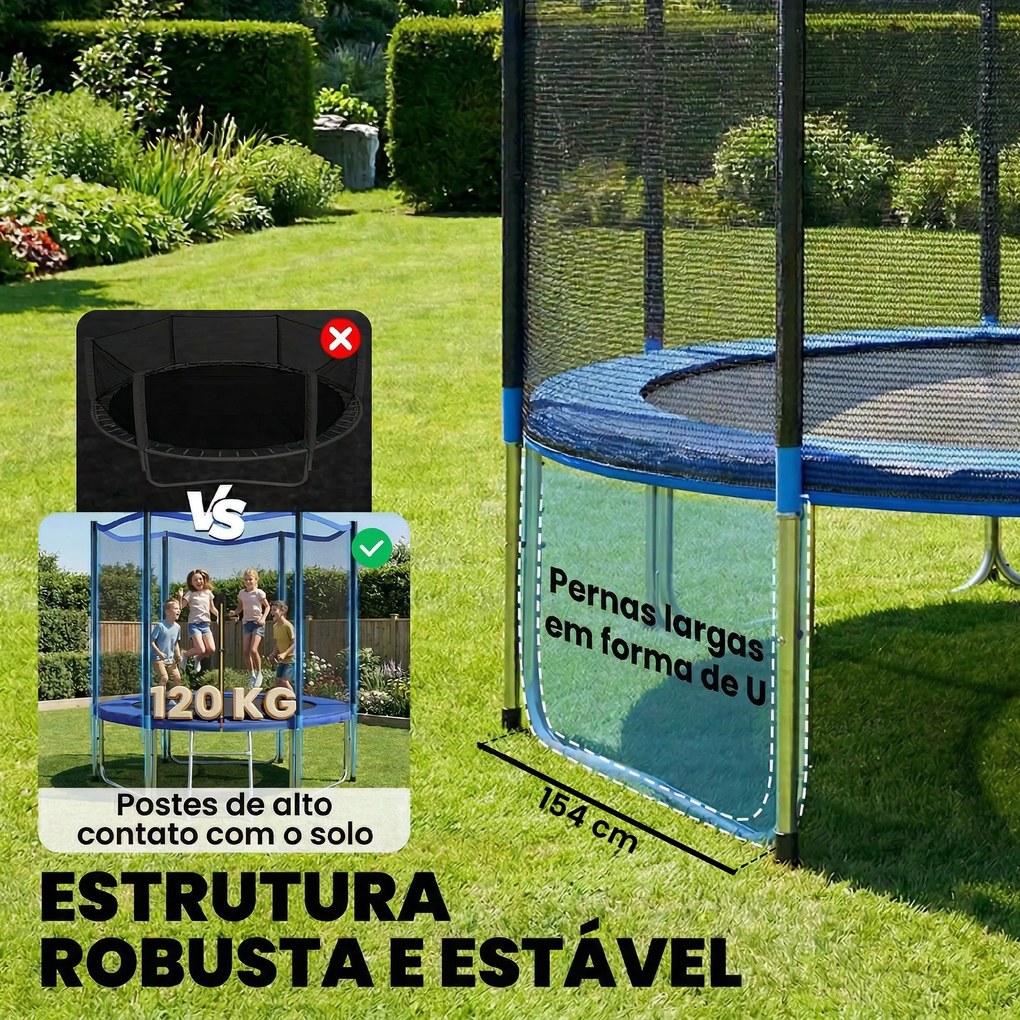 Trampolim para Crianças Exterior Ø305 cm com Rede de Segurança Escada Acolchoamento de Molas Azul