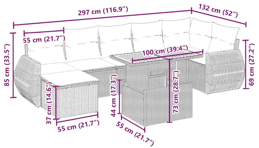 8 pcs conjunto de sofás p/ jardim com almofadões vime PE bege