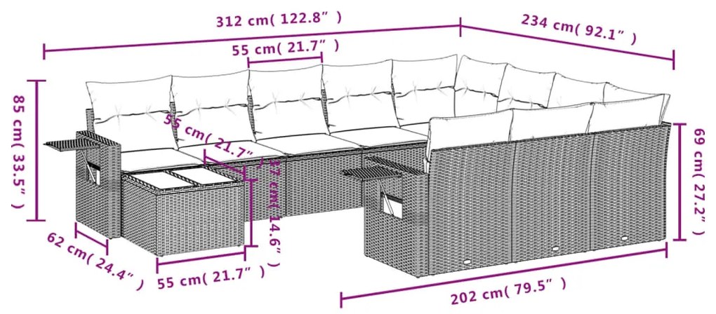 11 pcs conjunto sofás de jardim c/ almofadões vime PE cinzento