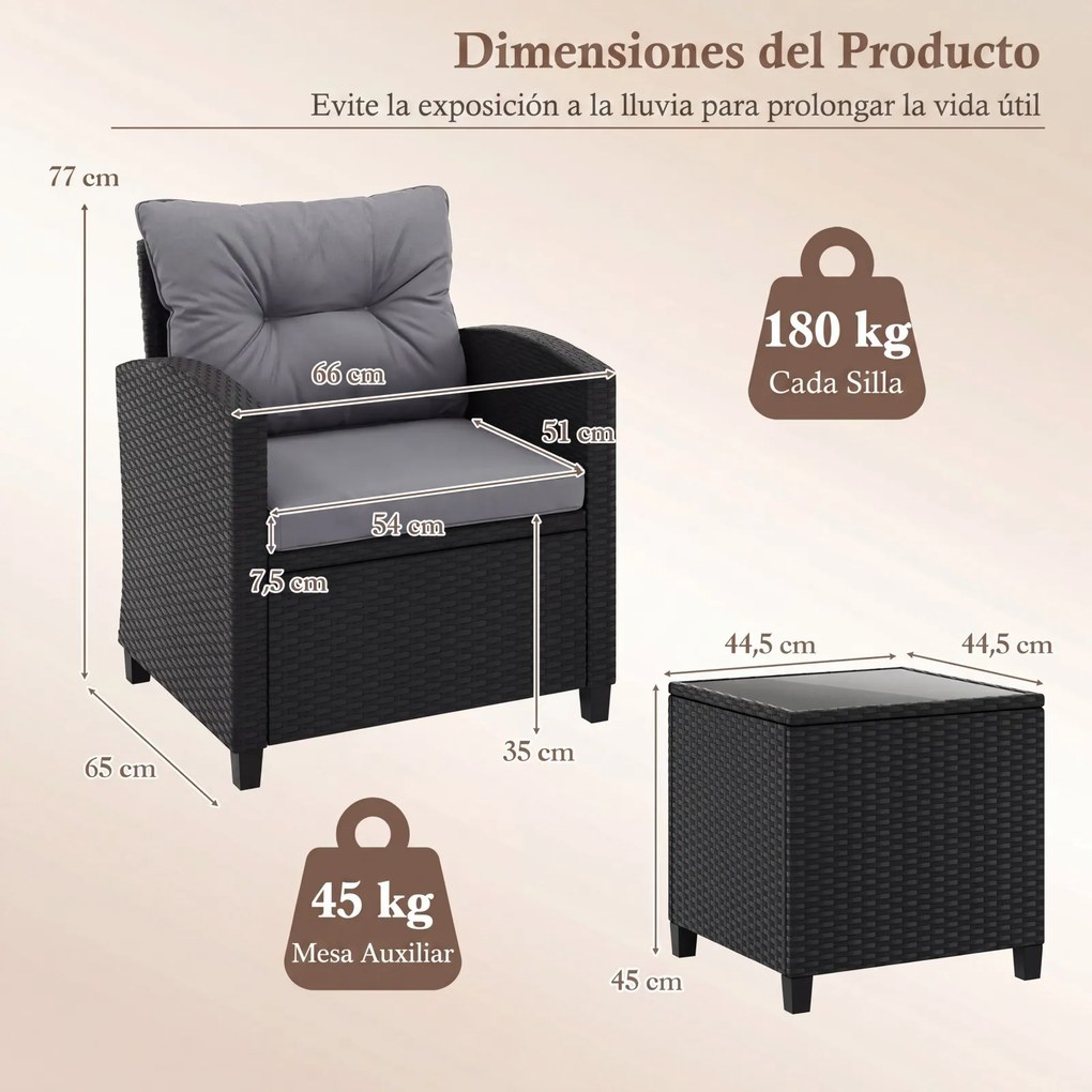 Conjunto de 2 Cadeiras de Jardim e Mesa Auxiliar, 44,5 x 44,5 x 45 cm, Ratan de PE Entrançado, almofadas Cinzentas