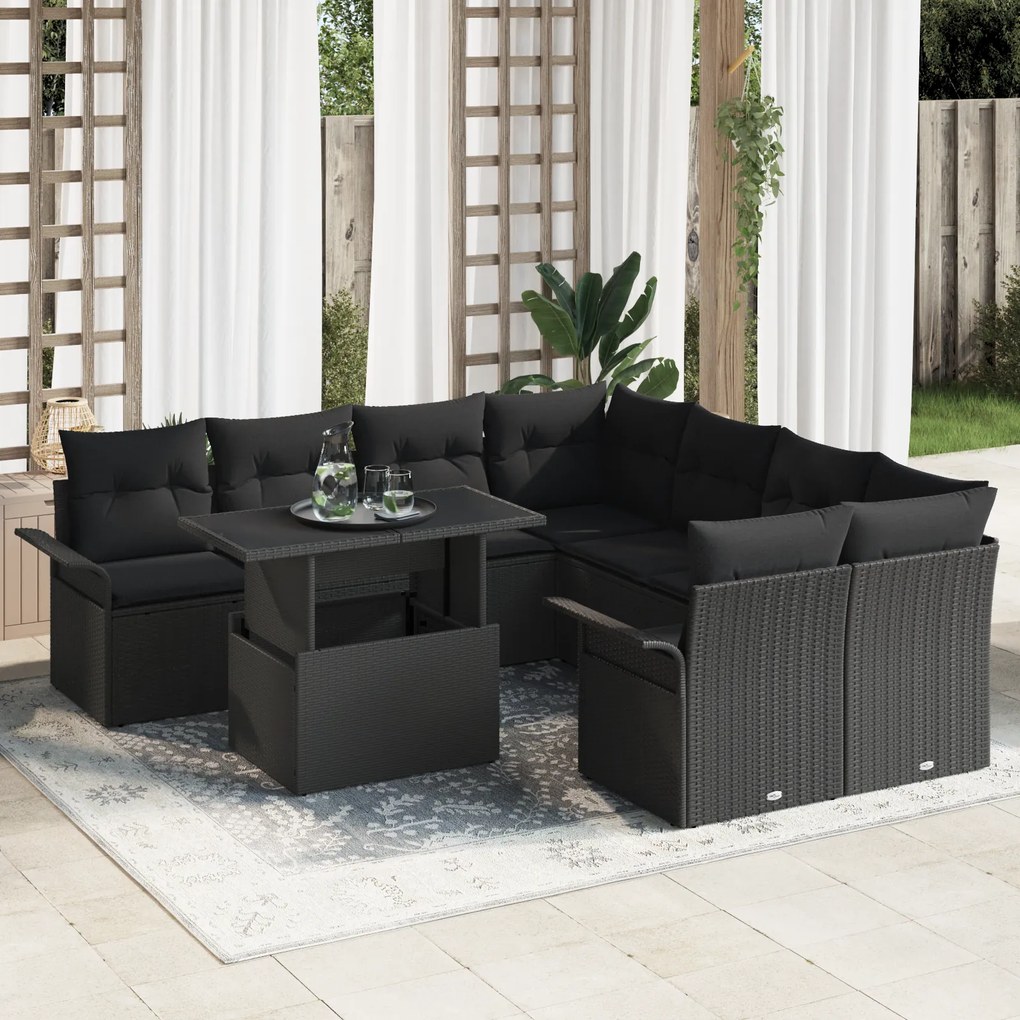 Conjunto de Sofá de Jardim vidaXL com Almofadas Preto Rattan Poliéster