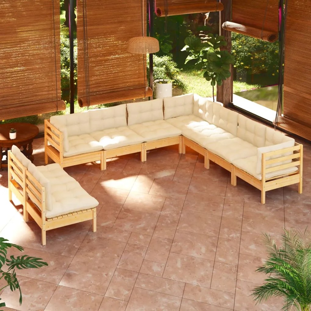 vidaXL 9 pcs conjunto lounge jardim c/ almofadões creme pinho maciço