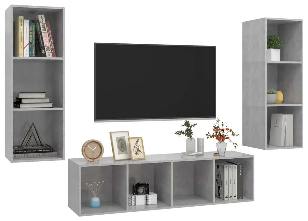 3 pcs conjunto de móveis de TV contraplacado cinzento cimento