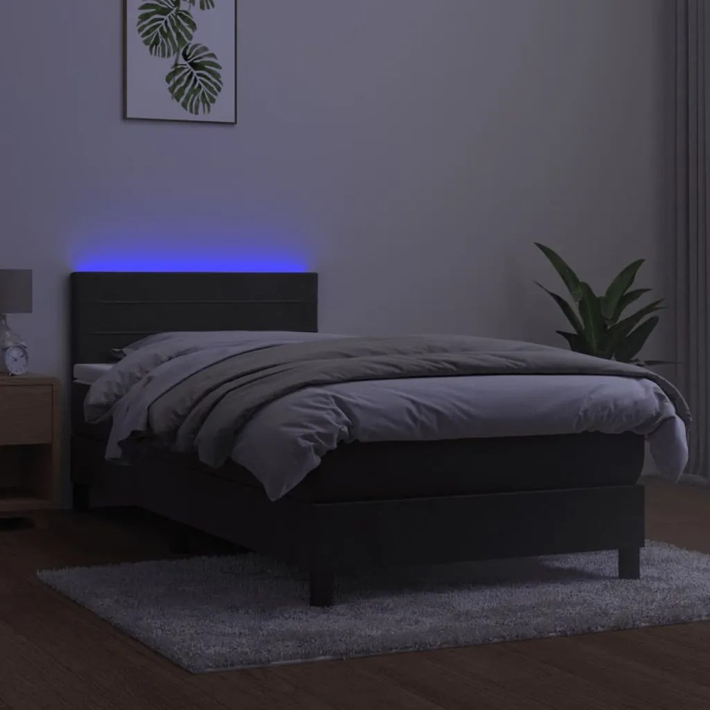 Cama box spring c/ colchão/LED 100x200cm veludo cinzento-escuro