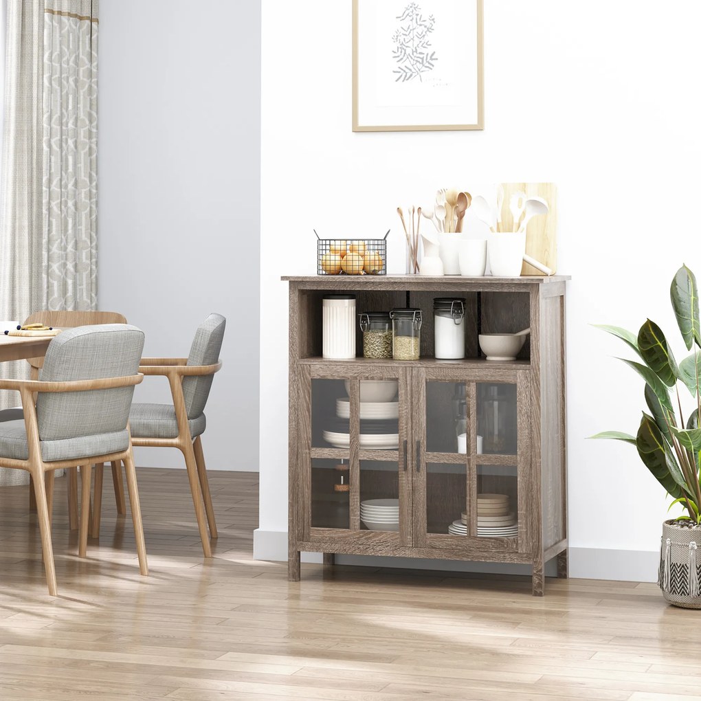 HOMCOM Aparador de Cozinha Armário Buffet com 2 Portas de Vidro e 2 Compartimentos Abertos Móvel Auxiliar de Armazenamento para Sala de Jantar Sala de Estar 90x40x100cm Carvalho