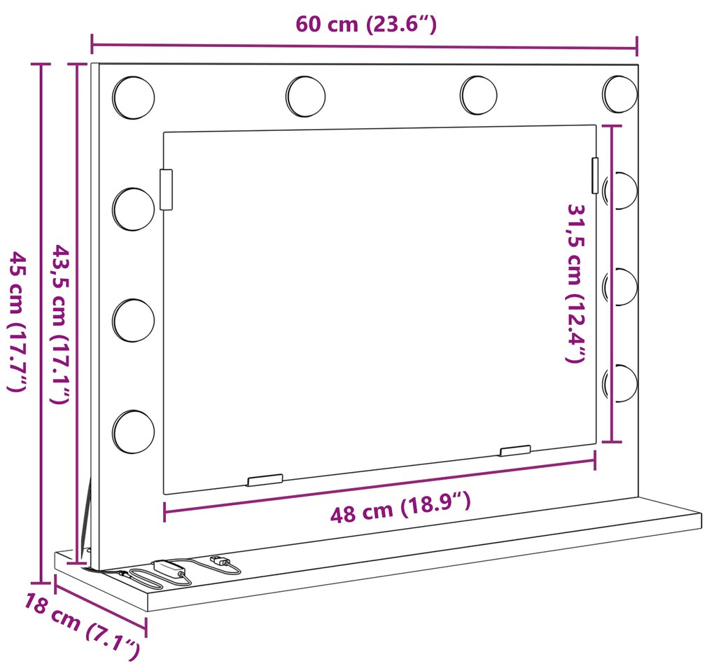 Espelho de Toucador com Luzes LED Branco 60x45x18 cm