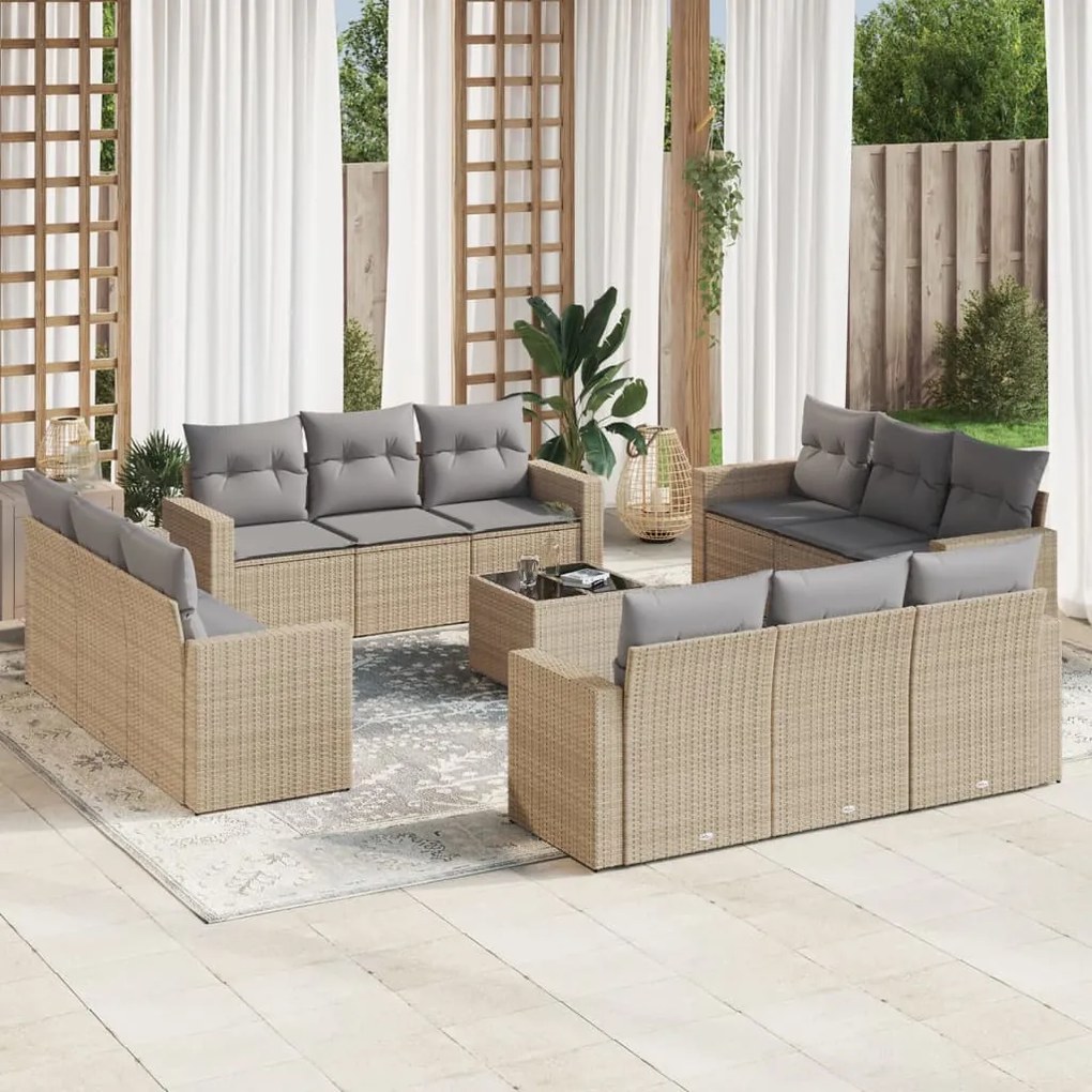 13 pcs conjunto de sofás p/ jardim com almofadões vime PE bege