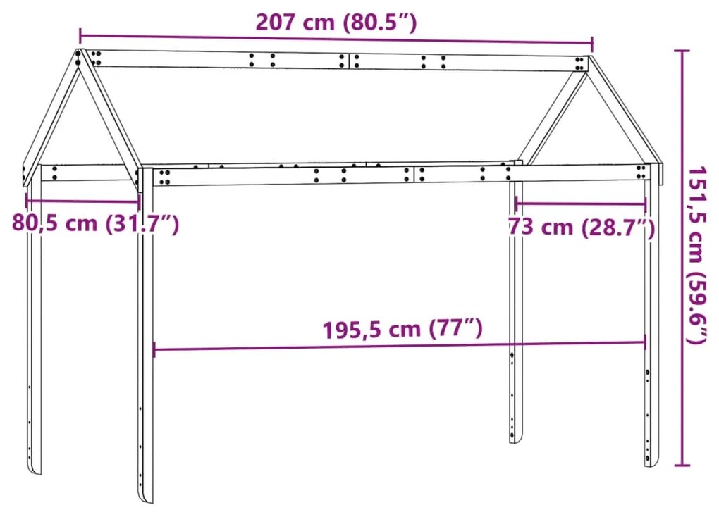 Telhado cama infantil 207x80,5x151,5 cm pinho castanho-mel