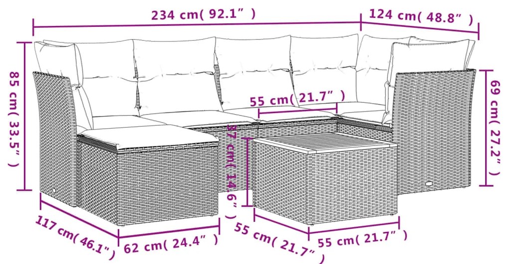 7 pcs conjunto sofás p/ jardim c/ almofadões vime PE cinzento
