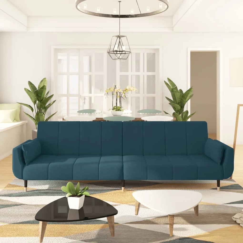 337581 vidaXL Sofá-cama 2 lugares com duas almofadas veludo azul
