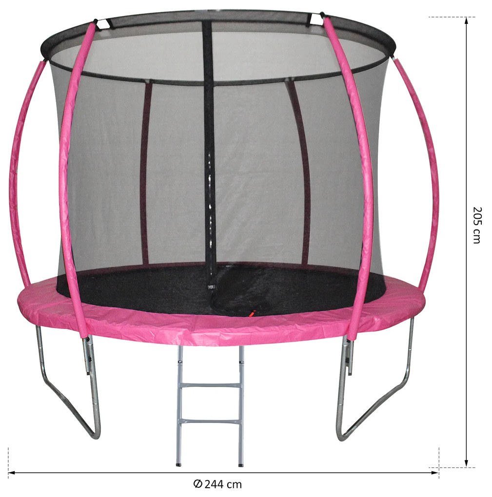 HOMCOM Trampolim de Jardim Φ244cm Trampolim para Crianças e Adultos com Rede de Segurança Cobertura nas Bordas e Escada para Exterior Rosa