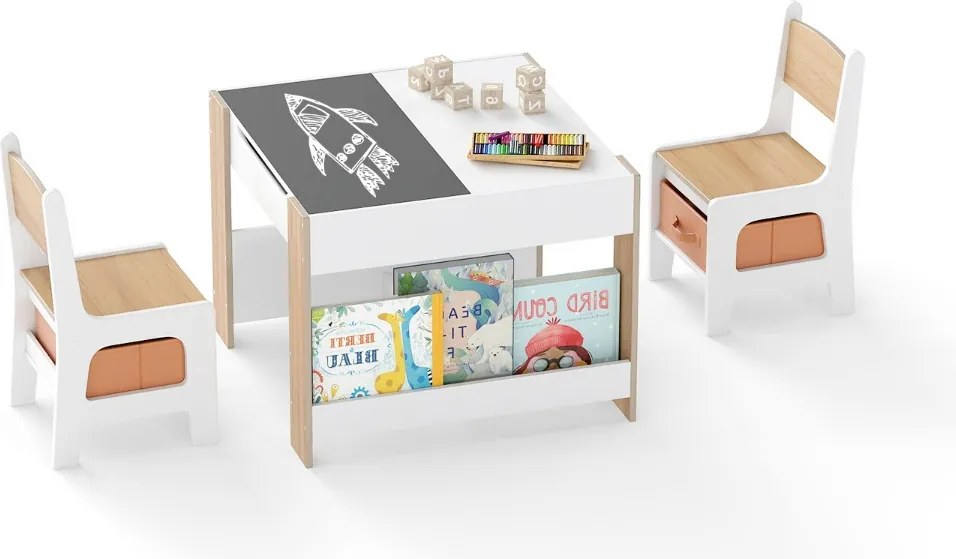 Conjunto de mesa e cadeira para crianças 4 em 1 Mesa de atividades para crianças com painéis dupla face e prateleiras laterais 2 cadeiras Natural