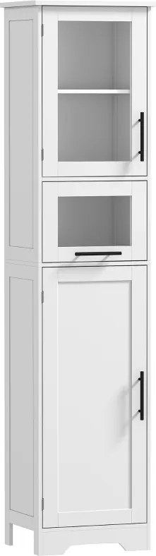 Coluna Casa de Banho com Porta de Vidro Prateleiras Ajustáveis Gaveta para Espaços Pequenos 40x31x170 cm Branco