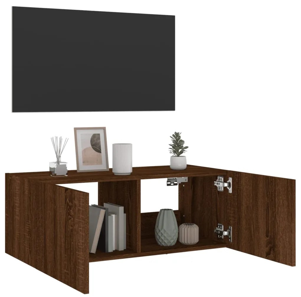 Móvel parede p/ TV c/ luzes LED 80x35x31 cm carvalho castanho