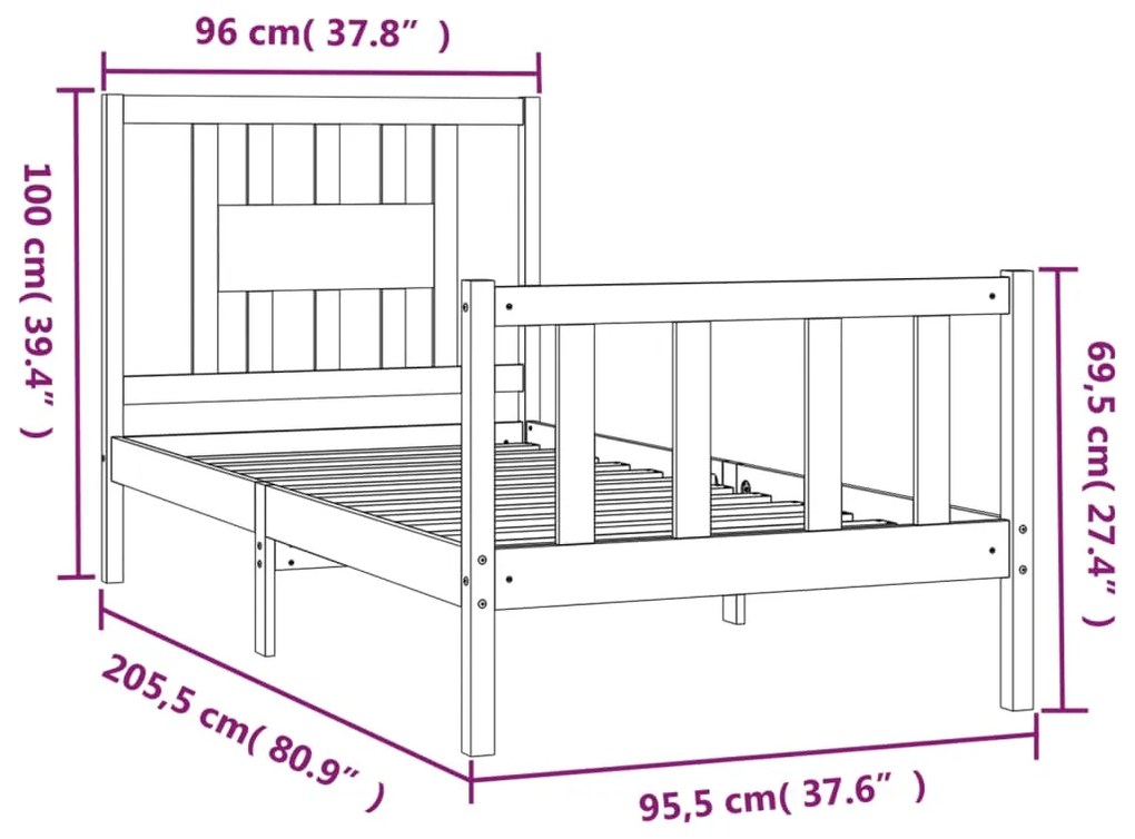 Estrutura de cama com cabeceira 90x200 cm pinho maciço