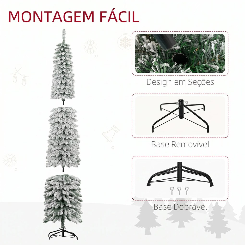 Árvore de Natal Estreita Nevada 240 cm com 603 Ramos e Suporte Metálico Dobrável para Sala de Estar Interior Verde