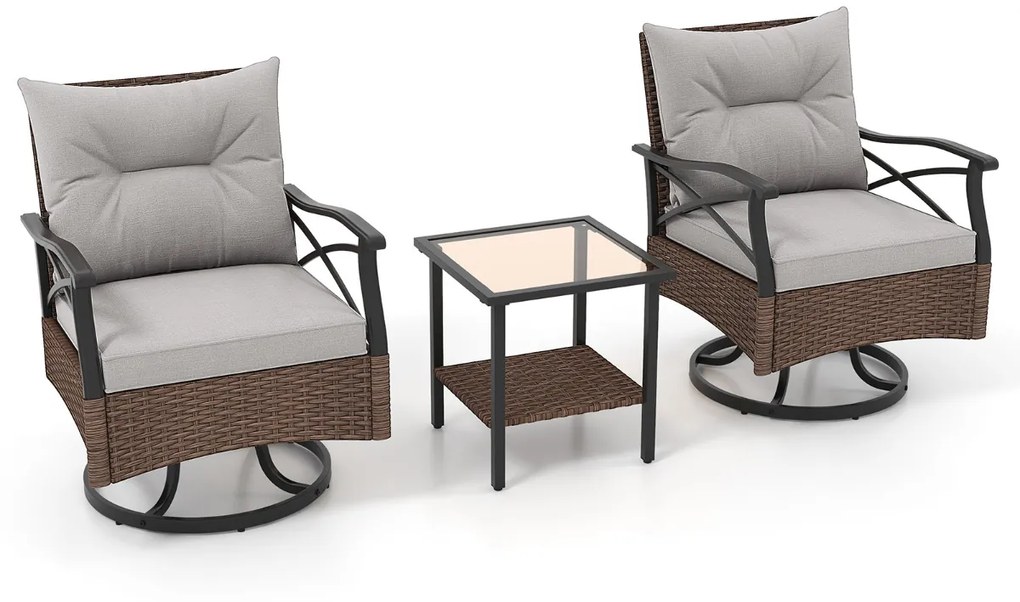 Conjunto jardim de 3 peças de 2 cadeiras de baloiço giratórias de rattan para exterior com almofadas de mesa lateral de vidro temperado para jardim, p