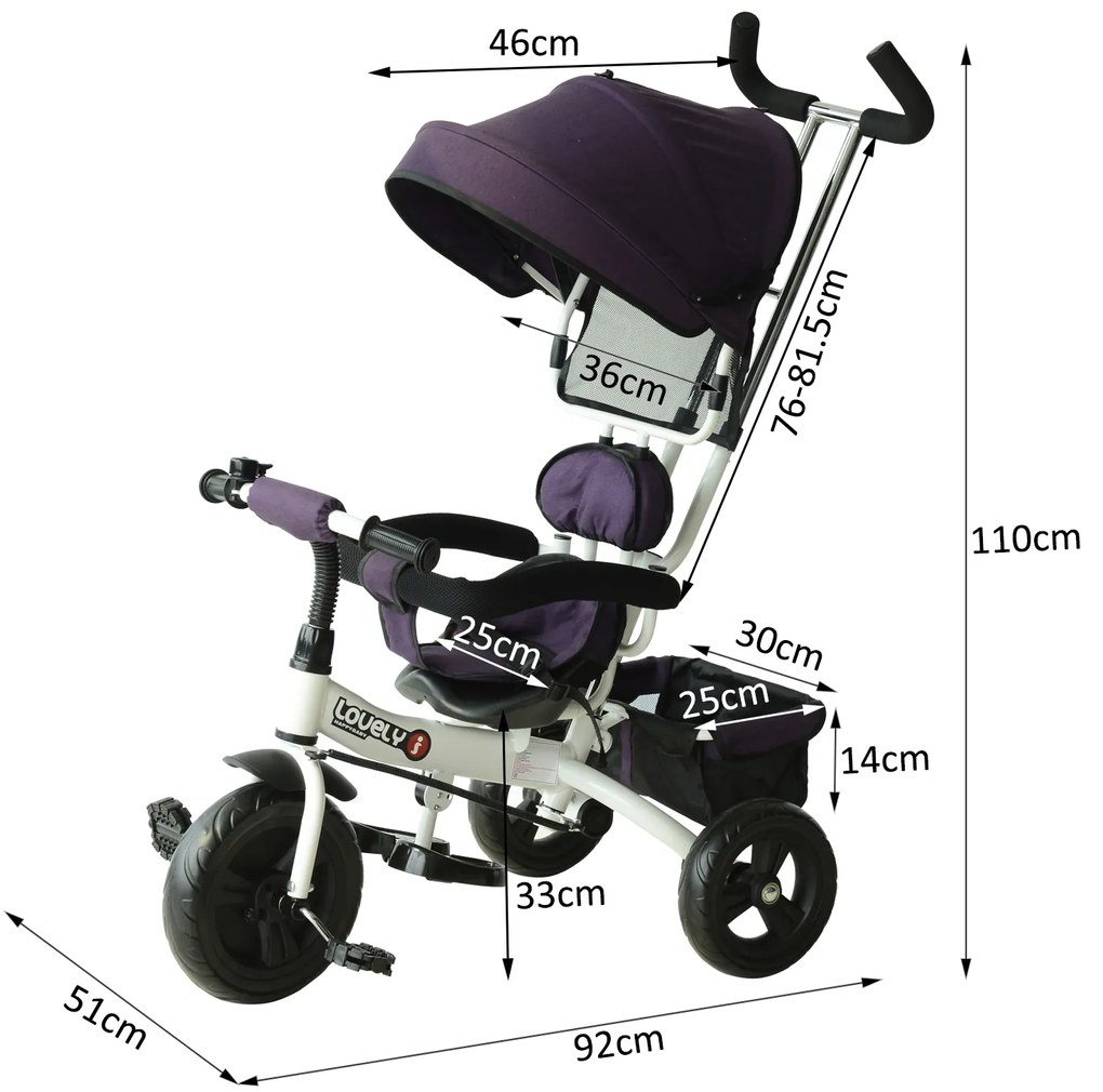 Triciclo para Crianças com Capota– Cor: Roxo e Branco– Ferro, Plástico e Tela– 92 x 51 x 110 cm