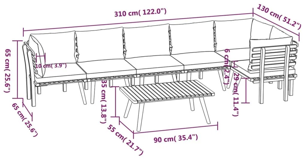 7 pcs conjunto lounge de jardim com almofadões acácia maciça