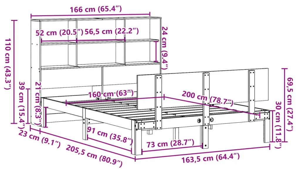 Cama com estante sem colchão 160x200 cm pinho maciço branco