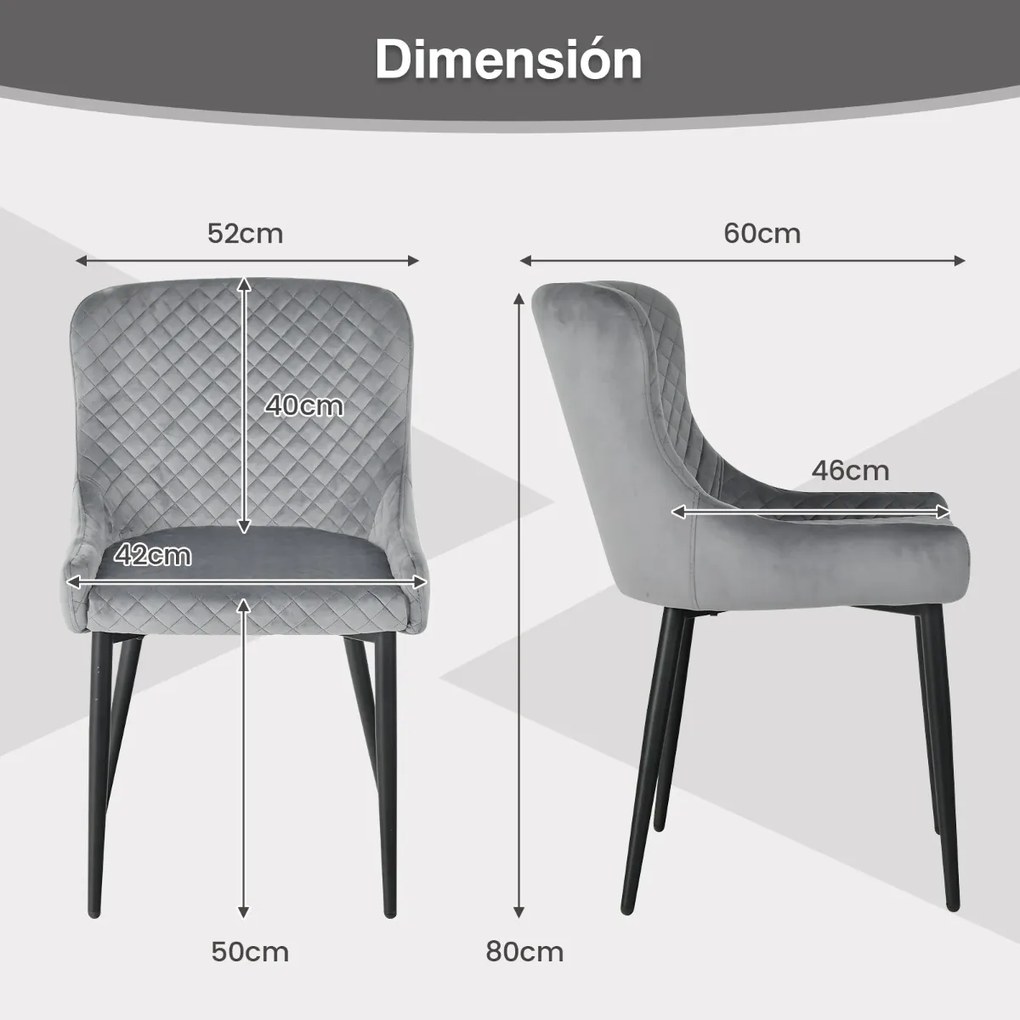Conjunto de 2 cadeiras de jantar com pernas de metal e almofadas ajustáveis Cadeira de cozinha moderna para sala de estar 60 x 52 x 80 cm cinza