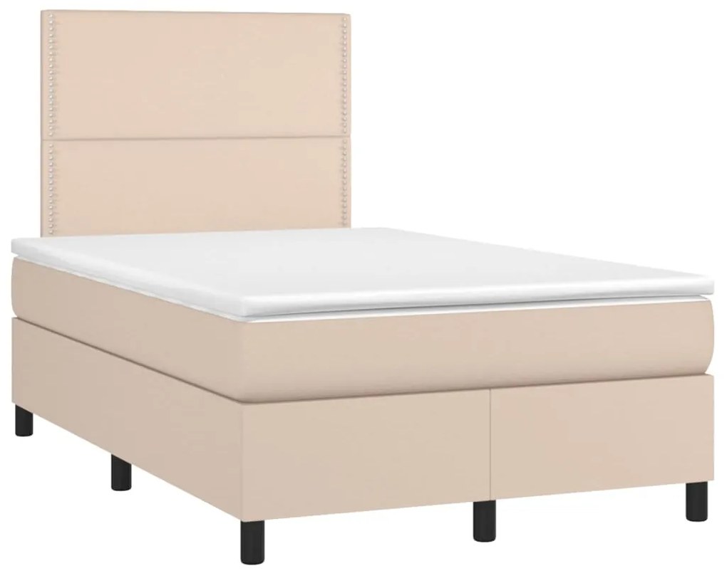 Cama box spring c/colchão/LED 120x190cm couro artif. cappuccino