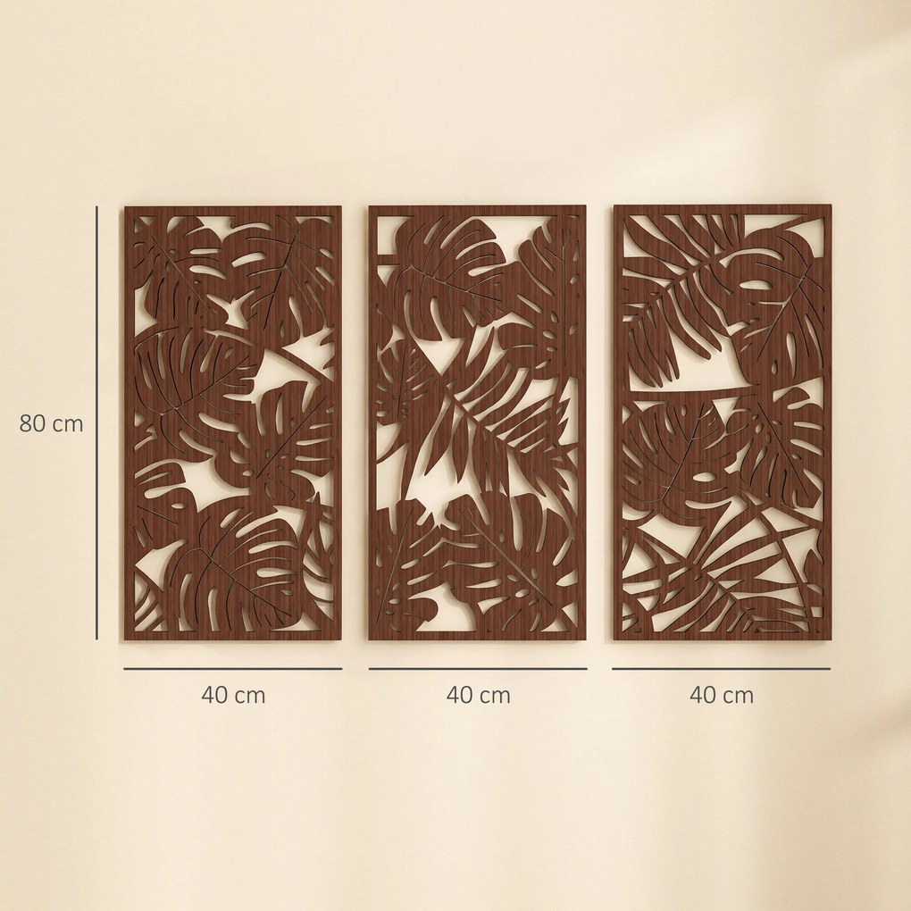 Decoração de Parede em Madeira 3D 3 Peças 40x80 cm Adornos de Parede com Padrão de Folhas Tropicais Nogueira
