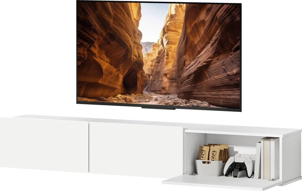 Móvel de TV suspenso de 180 (L) x 31,5 (P) x 29,8 (A) cm, móvel para televisores até 82 polegadas, com 3 portas rebatíveis com fecho suave, branco