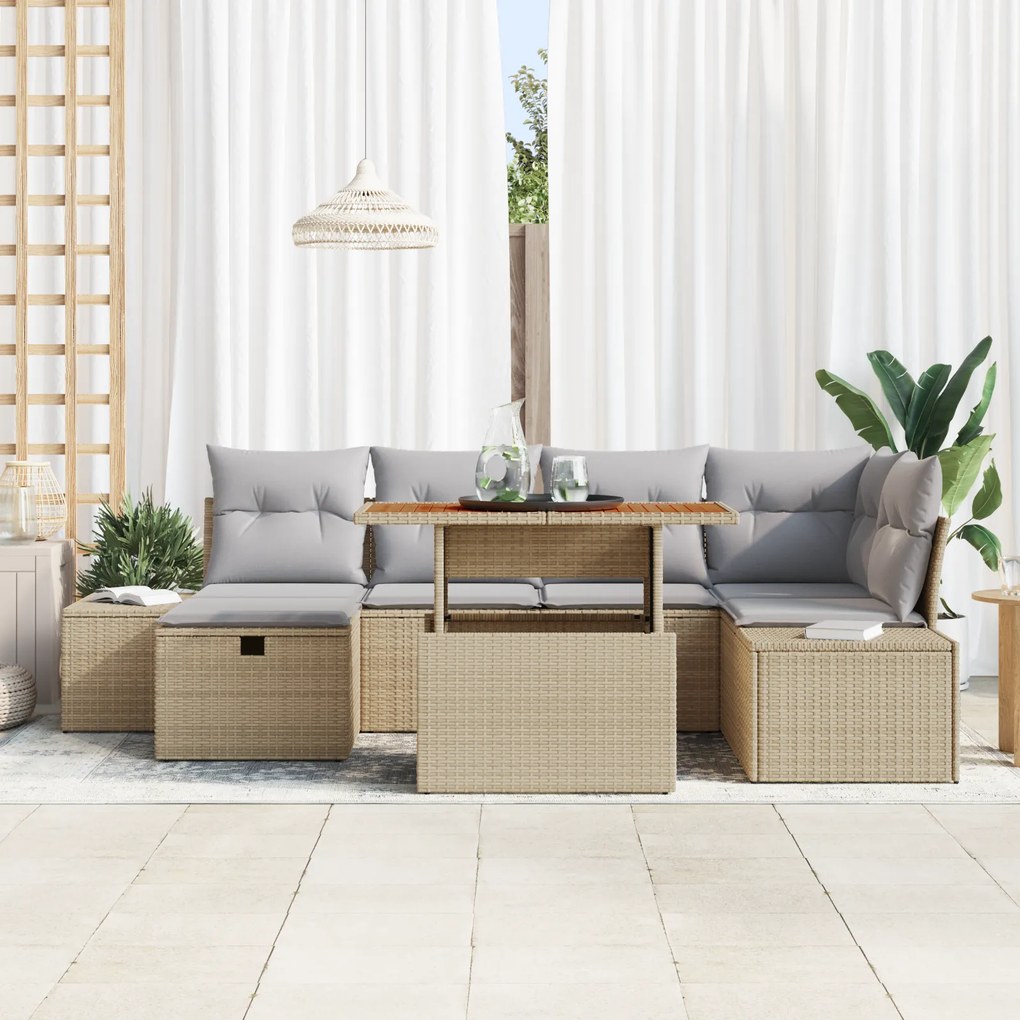 Conjunto de Sofá de 7 Peças de Jardim com Almofadas Bege Vime PE