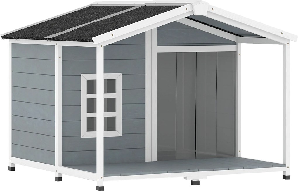 PawHut Casota para cães resistente às intempéries Elevada em madeira com telhado de betume, terraço, para cães de porte médio 103x107x83,5cm Cinza | Aosom Portugal