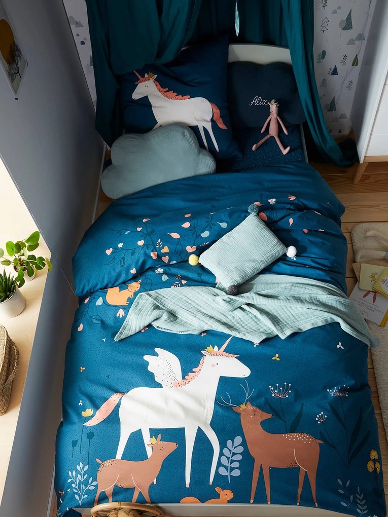 Conjunto capa de edredon + fronha de almofada para criança, tema Floresta Encantada azul escuro liso com motivo
