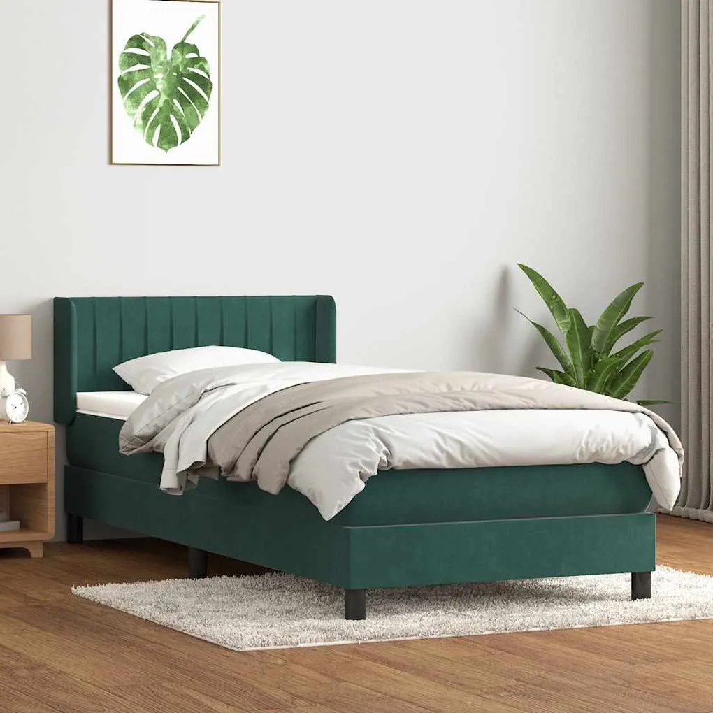 vidaXL Cama com molas/colchão 100x210 cm veludo verde-escuro
