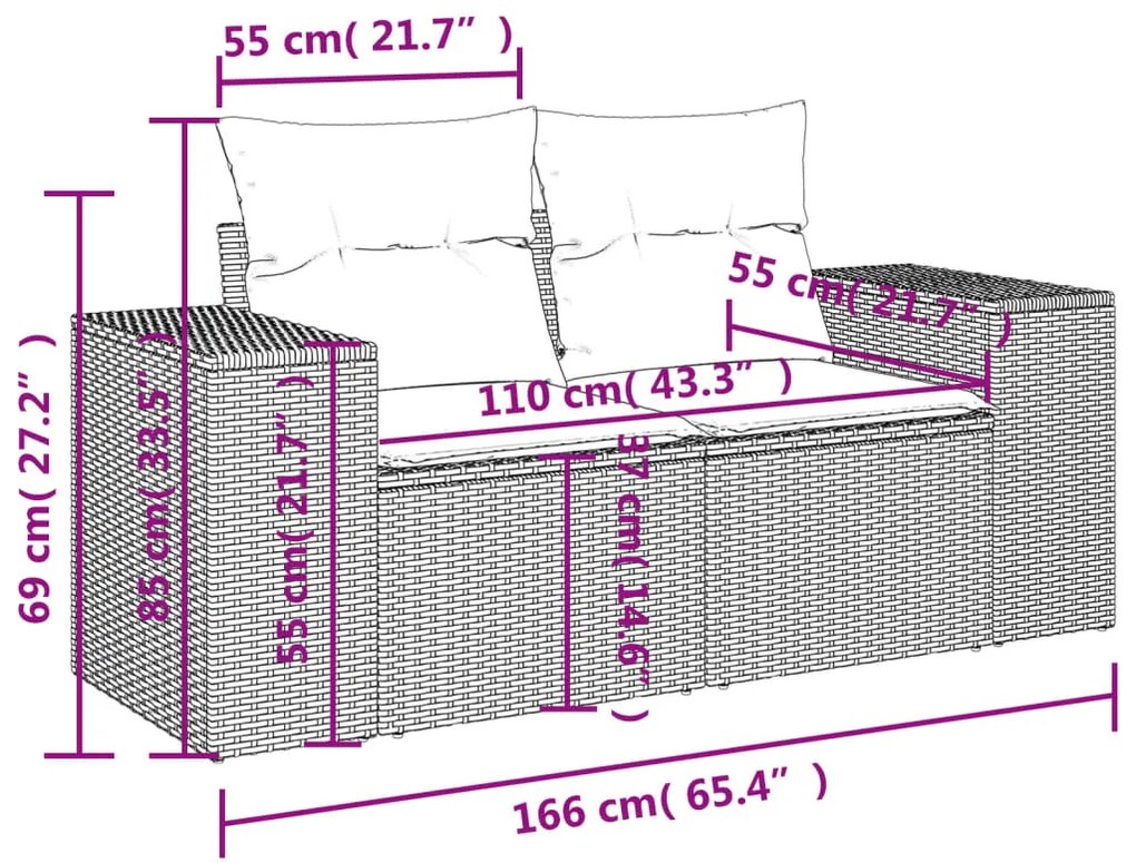 4 pcs conjunto de sofás para jardim c/ almofadões vime PE bege